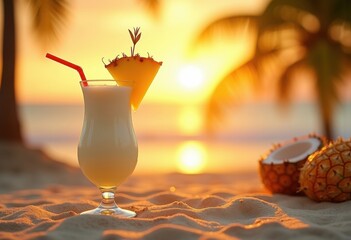 Tropical Island Pina Colada Slice Garnished Refreshing Beverage Art