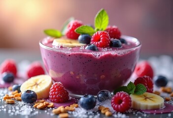 Vibrant Acai Berry Juice Smoothie Burst of Nutrients and Rich Flavors Overflowing with Berries and Bananas