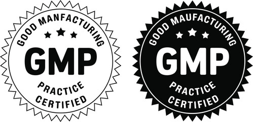 Fototapeta premium Black and white vector icon of Good Manufacturing Practice GMP certified badge, representing quality and industry standards compliance