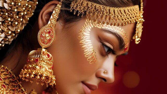 A woman with gold jewelry and a gold face paint. She is wearing a gold headpiece