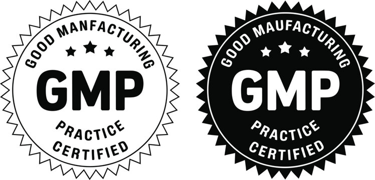 Black and white vector icon of Good Manufacturing Practice GMP certified badge, representing quality and industry standards compliance
