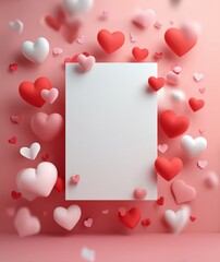 Colorful Hearts Surround a Blank Card on a Pink Background for a Special Occasion