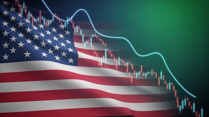 US flag background overlaid with a falling stock market graph and red candlesticks, symbolizing an American economic recession and crisis