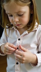 A young child getting dressed in a bright pink shirt