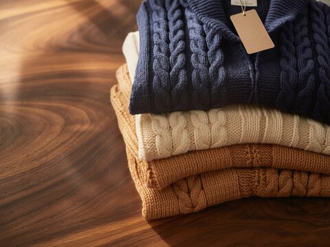 Stack of premium folded cable knit sweaters in navy, cream, and brown; warm, comfortable, and cozy wool or cotton winter fashion clothing