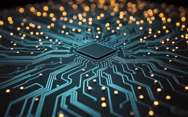 Futuristic microchip processor on a glowing circuit board with data lines, symbolizing artificial intelligence, computing, and technology