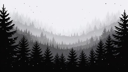 Black and white pixel art forest illustration with heavy mist and layered fir trees, perfect for game backgrounds, web design, or digital art