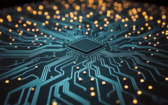 Futuristic microchip processor on a glowing circuit board with data lines, symbolizing artificial intelligence, computing, and technology