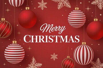 Merry Christmas greeting card design with elegant gold lettering, red ornaments, and festive golden pine needle decorations background