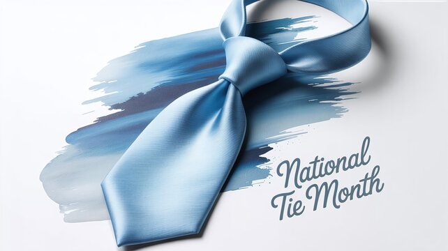 Professional light blue silk tie knot illustration on a clean white background with subtle watercolor ink splatter promoting National Tie Month.