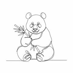 Continuous Line Drawing of Cute Panda Eating Bamboo Stick Illustration