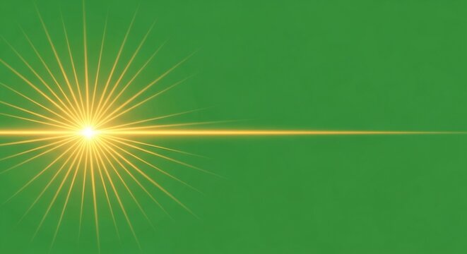 Lens flare light effect with starbeam on green screen background. Light effect for chromakey video. Abstract shiny optical glare.