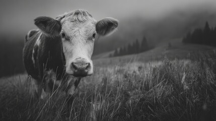 Curious Black and White Cow in Tall Grass with Mountain Haze