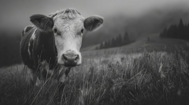 Curious Black and White Cow in Tall Grass with Mountain Haze