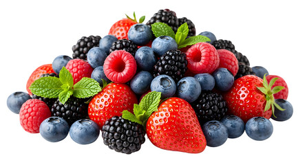 Juicy mixed berries including strawberries, raspberries and blueberries with mint leaves for a healthy breakfast or delicious dessert delight