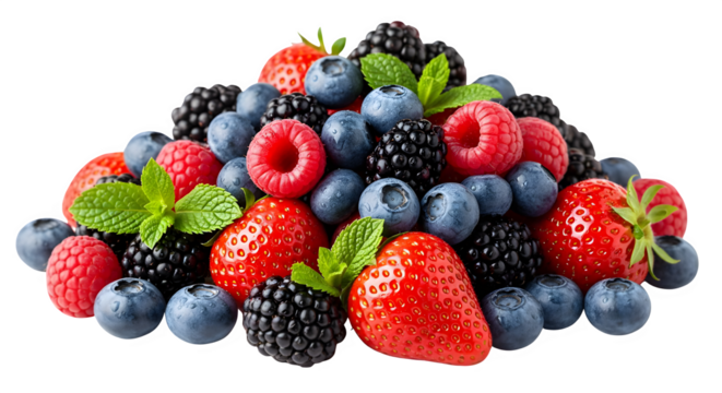 Juicy mixed berries including strawberries, raspberries and blueberries with mint leaves for a healthy breakfast or delicious dessert delight