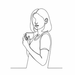 Minimalist Line Art Young Woman Holding a Cup Drink Illustration