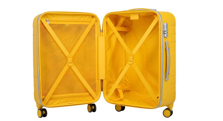 Open vibrant yellow suitcase ready for travel adventures, inviting exploration and packing excitement for your next vacation getaway today