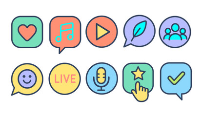 A set of colorful icons for social media, communication, and media content. The icons feature a soft pastel palette with smooth curves and are well suited for mobile apps, web platforms, social media 