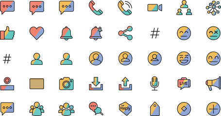 A diverse collection of colorful hand drawn icons representing various concepts like communication technology education and abstract ideas presented in a grid layout with a white background