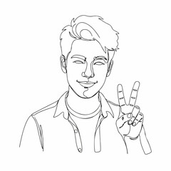 Simple Outline Line Art Smiling Man Portrait with Peace Sign Gesture