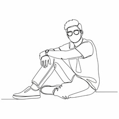 Continuous Line Art Man Sitting Casual Outfit Style Illustration