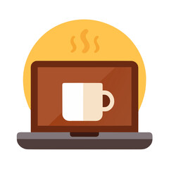 Stylized illustration of a laptop displaying a steaming coffee cup on its screen with a warm yellow circle behind it isolated on transparent background
