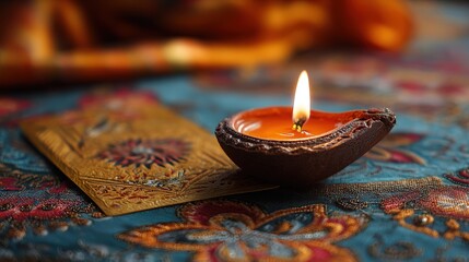 Clay Diya Illuminating Diwali Card on Vibrant Fabric Background