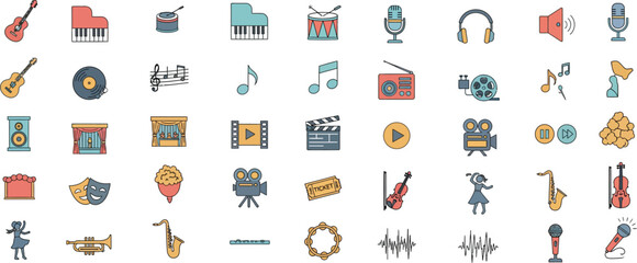 A vibrant collection of diverse musical instruments and audio equipment icons presented in a grid format perfect for music related designs and concepts