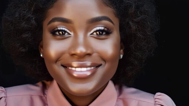 A close-up portrait of a woman with a warm, genuine smile, showcasing a radiant complexion and carefully applied makeup.