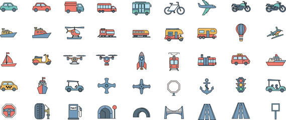 Vector illustration of a set of transport vehicle icons including car, truck, bus, and train symbols
