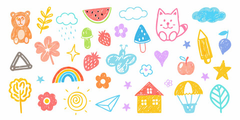 Colorful hand drawn doodle set of cute objects on white background