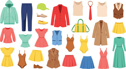 Clothing collection, dresses, tops, bottoms, outerwear, accessories, shoes, seasonal fashion, wardrobe variety, flat vector illustration, stylish design