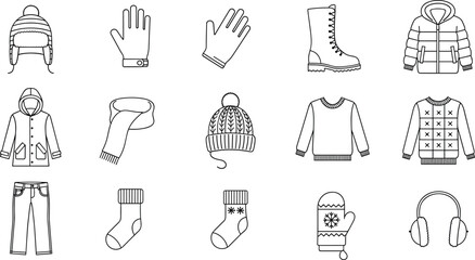 Obraz premium Winter clothing accessories set, hat, gloves, boots, jacket, scarf, sweater, jeans, socks, earmuffs, coat, mitten, flat vector illustration