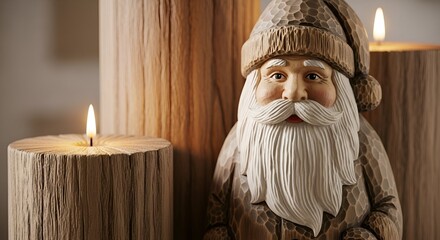 Wooden Santa figure beside candles on rustic wooden background with space for text
