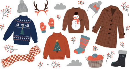 Winter holiday clothing, sweaters, boots, hats, mittens, scarf, festive accessories, cozy fashion, seasonal outfit, flat vector illustration, decorations