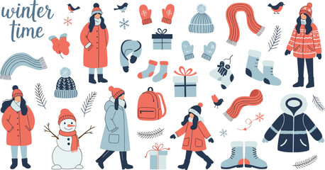 Winter lifestyle illustration, people, clothing, accessories, snowman, gifts, backpack, festive elements, seasonal fashion, flat vector illustration, snowflakes