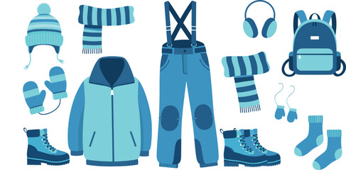 Blue winter clothing and accessories set, jacket, boots, mittens, scarf, hat, backpack, socks, flat vector illustration, seasonal fashion