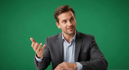 Man in suit making gesture with hand on green screen background. Concept for chromakey insertion for business presentation.