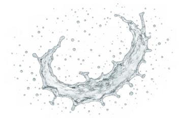 Water splash liquid forming a refreshing dynamic arc shape with many flying drops on a transparent background