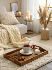 “Hygge cozy home scene, beige palette, wool textures, wooden tray with tea cup, Scandinavian calm aesthetic”