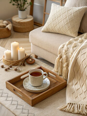 “Hygge cozy home scene, beige palette, wool textures, wooden tray with tea cup, Scandinavian calm aesthetic”
