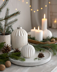 “Scandinavian neutral holiday background, pine branches, white ceramic decor, minimal warm ambiance”