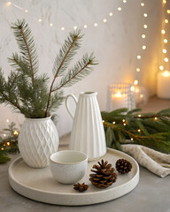 “Scandinavian neutral holiday background, pine branches, white ceramic decor, minimal warm ambiance”