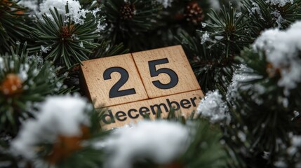 Wooden calendar block showing Christmas Day, December 25th, surrounded by snow and frosted pine branches. Holiday nature concept.