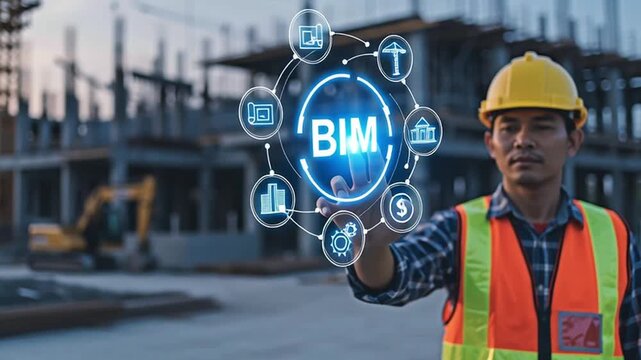 Builder using modern technology at construction site for the concept of Construction and building technology.