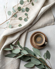“Nordic aesthetic flatlay, linen fabric, coffee cup, eucalyptus branch, natural textures, minimalist composition”