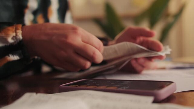 Woman sorts receipts using a calculator to track expenses at home. Budget planning or tax return from home. High quality 4k footage