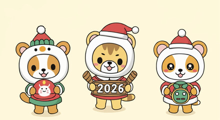 Fototapeta premium Three cartoon tigers wearing christmas outfits celebrating the year of the tiger in two thousand twenty six