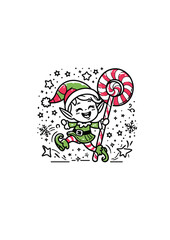 A joyful Christmas elf holding a giant candy cane with stars and snowflakes around, bringing festive cheer. 